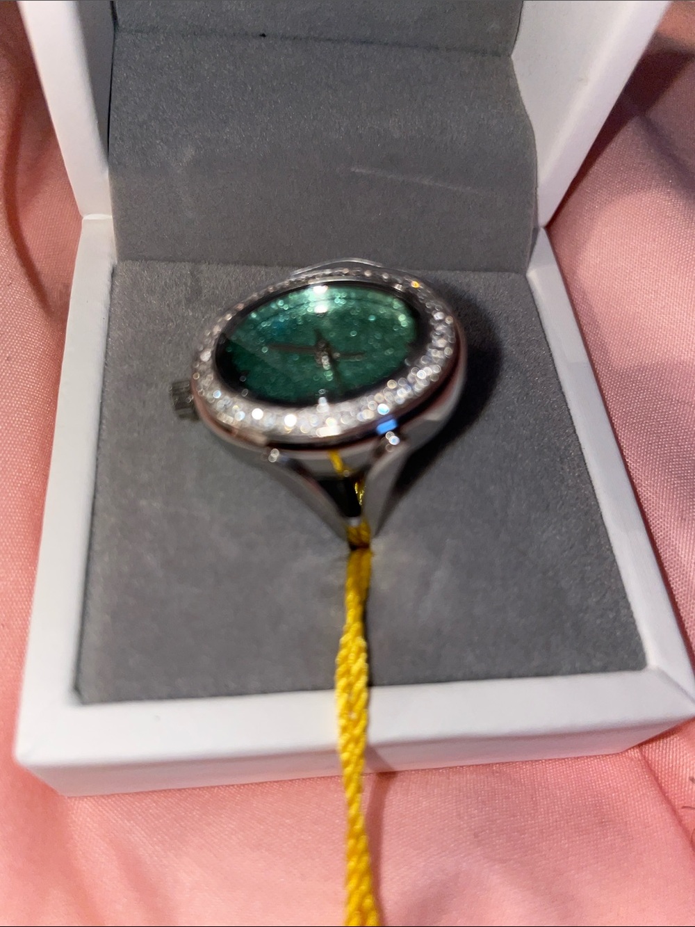 Sparkling Green Crystal Halo Watch Ring in Silver Tone